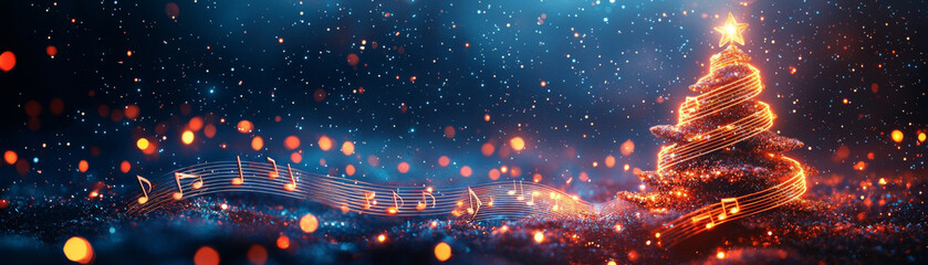 A beautiful artistic representation of Christmas tree adorned with musical notes, glowing softly against dreamy blue background filled with sparkling lights. scene evokes festive and magical atmospher