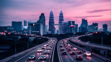 Obraz premium Ampang Kuala Lumpur Elevated Highway AKLEH with City Skyline in Malaysia at Twilight Blurred Defocused Bokeh Background