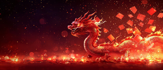 A majestic red dragon gracefully moves through sea of vibrant red envelopes, symbolizing prosperity and good fortune. fiery colors create dynamic and festive atmosphere
