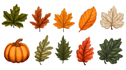 Fototapeta premium A collection of autumn leaves in various colors, including green, red, orange, and yellow. A single pumpkin is also included.