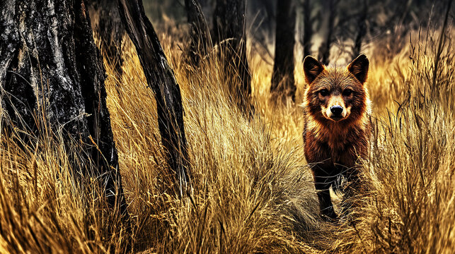Wolf in the Golden Grass: A majestic wolf emerges from a dense thicket of golden grass, its amber eyes gleaming in the dappled sunlight.  The image evokes a sense of mystery, wildness, and the raw bea