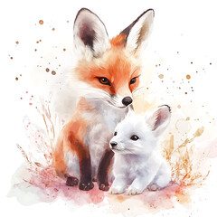 Obraz premium A mother fox lovingly watches over her white fox cub in a watercolor illustration.