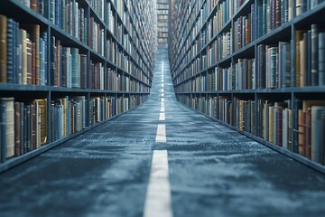 Obraz premium Endless library aisle with bookshelves and a white road in the middle