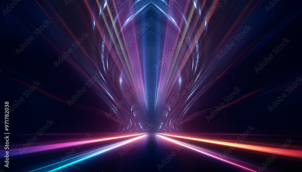 Poster dark abstract background. empty neon stage with rays.