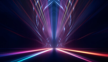 Dark abstract background. Empty neon stage with rays.