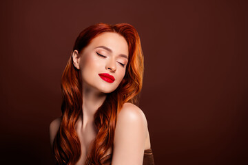 Photo of dreamy charming stunning rich closed eyes evening holiday event isolated on brown color background