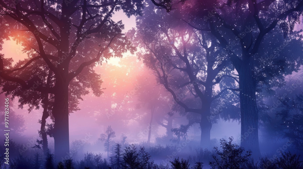 Aufkleber a serene forest scene at dawn, bathed in mystical light and soft fog, creating a tranquil and enchan