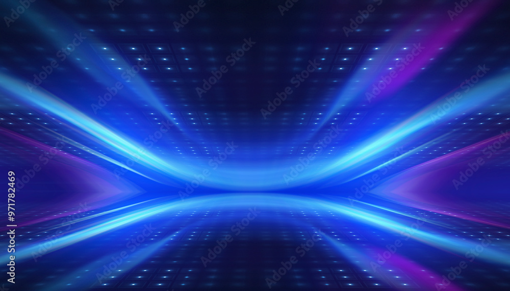 Poster dark abstract background. empty neon stage with rays.