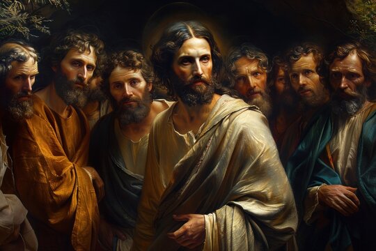 Holy tableau: a portrait of Jesus Christ and his 12 apostles, unity and devotion among the followers, profound teachings and enduring legacy of their spiritual journey together