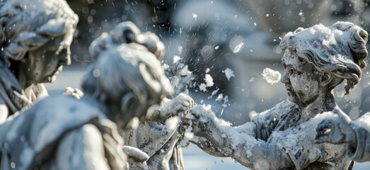Fototapeta premium a group of statues having a snowball fight in a snowy landscape