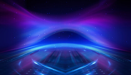 Dark abstract background. Empty neon stage with rays.