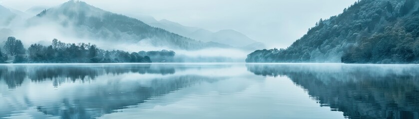 Fototapeta premium A serene landscape featuring a tranquil lake surrounded by misty mountains and lush trees under a calm, blue atmosphere.
