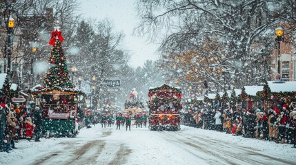 Naklejka premium Festive Christmas Parade on a Snowy Day with Colorful Floats and Holiday Decor