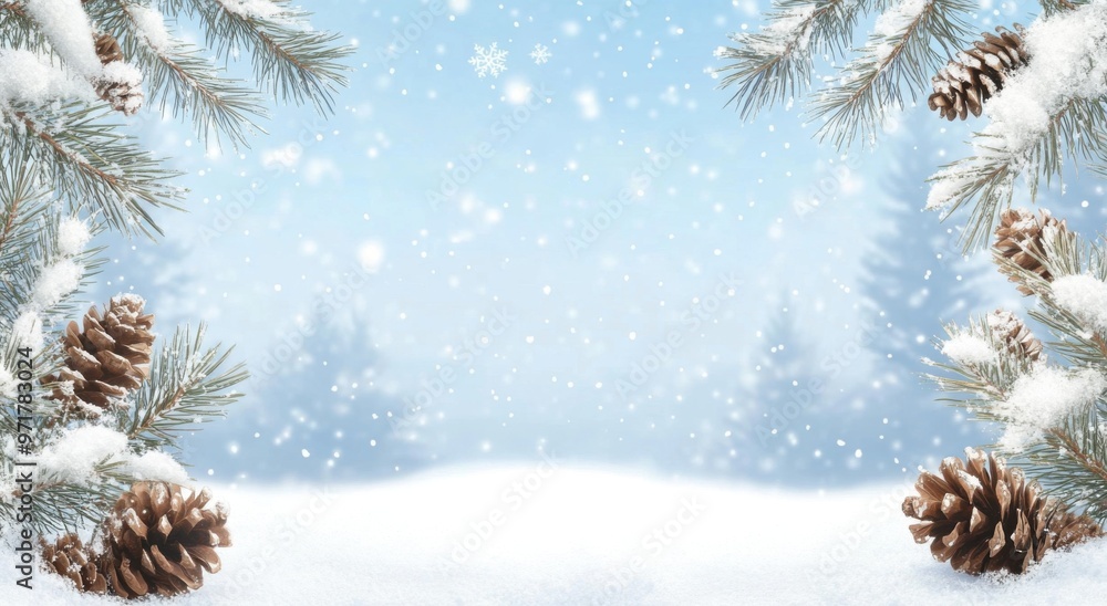 Poster A snowy winter background with pine cones and snowflakes, creating an enchanting atmosphere for holiday designs