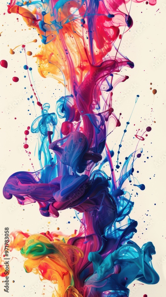Poster a vibrant splash of colorful ink swirling elegantly in water, creating an artistic and dynamic compo