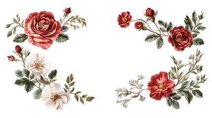 Vintage floral border with red and white roses, leaves and buds on a white background.