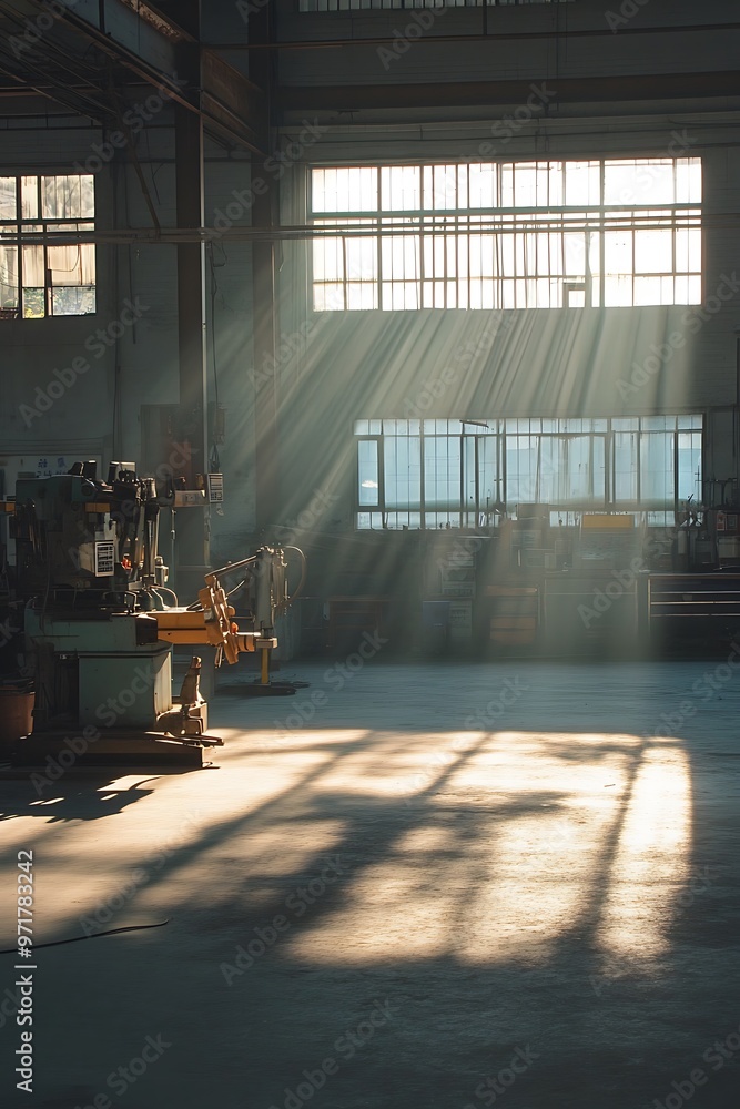 Poster Sunbeams illuminate a dusty industrial workshop, casting long shadows from large windows