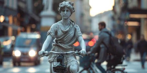 Fototapeta premium a marble statue riding a modern bicycle through a bustling city street