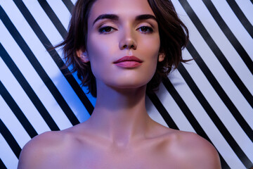 Photo of lovely stunning lady hypnotic tempting look long eyelashes open shoulders isolated on...