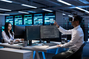 Team of engineers immersed in virtual reality in server farm, doing units maintenance. IT experts coworkers using VR headset to optimize servers performance, checking operations in data center