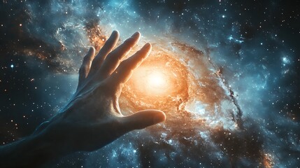 Fototapeta premium Hand Reaching Toward a Distant Galaxy: A human hand extending toward a colorful spiral galaxy, with stars and nebulae in the background. 