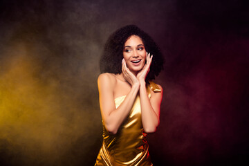 Photo of fancy rich lady wear gold dress dancing privet party isolated black color background