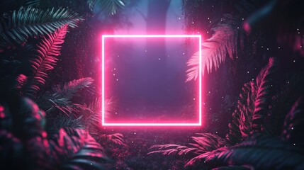 Obraz premium Tropical leaves illuminated by fluorescent neon light in square frame