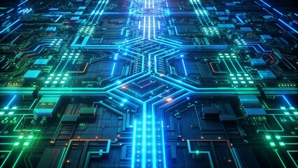 Abstract Circuit Board with Glowing Blue and Green Pathways, Technological and Detailed Background