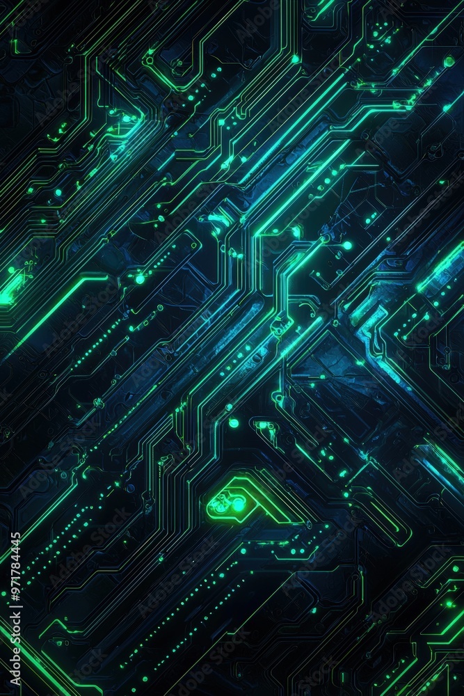 Poster futuristic circuitry background with glowing green and blue patterns for tech branding and design