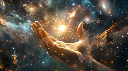 Hand Reaching Toward a Distant Galaxy: A human hand extending toward a colorful spiral galaxy, with stars and nebulae in the background.
