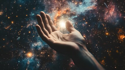 Hand Reaching Toward a Distant Galaxy: A human hand extending toward a colorful spiral galaxy, with stars and nebulae in the background.
