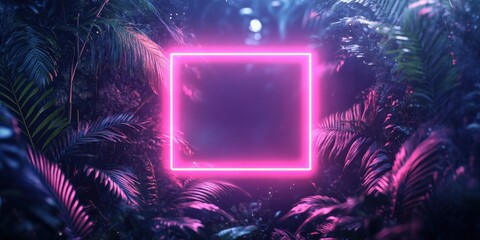 Obraz premium Tropical leaves illuminated by fluorescent neon light in square frame
