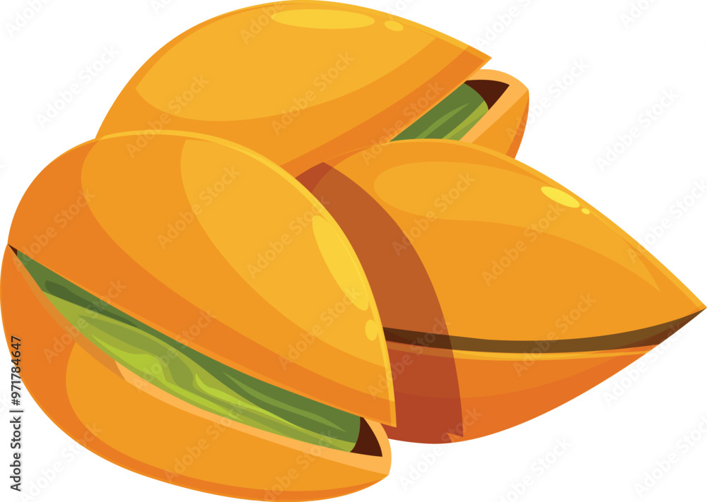 Poster three pistachio nuts are laying next to each other, showing the green seed inside the open shell