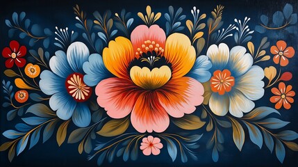 Vibrant rosemaling-style floral composition with large central bloom in pink and orange. Intricate folk art flowers and leaves on deep blue backdrop