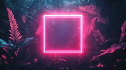 Obraz premium Tropical leaves illuminated by fluorescent neon light in square frame