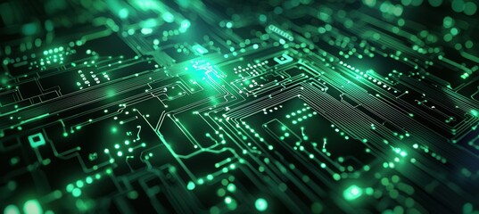 Abstract High-Tech Circuit Board Design in Green and Black, Emphasizing Connectivity and Innovation