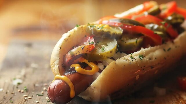 Chicago-style hot dog on the table moves with smoke around