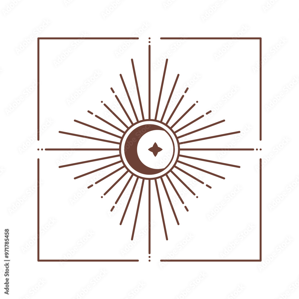 Wall mural vector bohemian logo design template with sun and sunburst. boho linear icon or symbol in trendy min