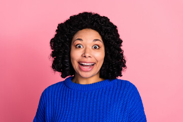 Portrait of positive glad nice woman wear blue knitted stylish clothes isolated on pink color background