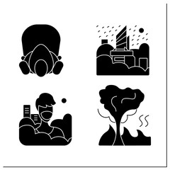  Air pollution glyph icons set. Smog, fire in woods, refinery emissions, factory chemical.Filled flat sign. Isolated silhouette vector illustration