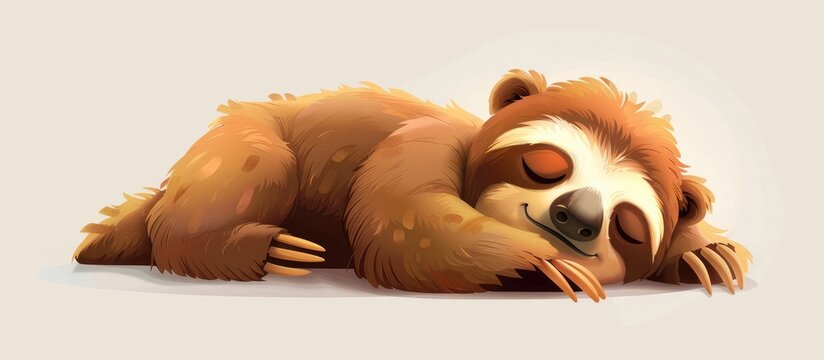 Adorable of a cute furry sloth peacefully napping and resting on a tree branch in a tropical forest setting  The sloth is curled up and snuggled in a cozy content pose