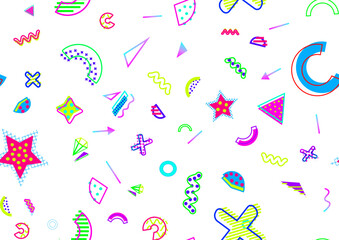 Modern Memphis Milano inspired seamless pattern in abstract pop art design style. Vector graphic illustration. Dense all over the top composition, vibrant neon colors.