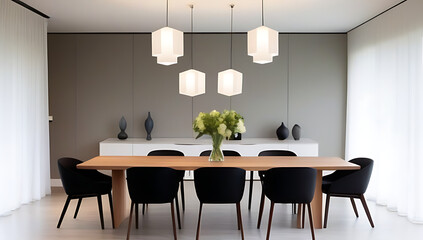 contemporary dining room long wooden table modern chairs statement lighting