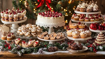 Festive Christmas Dessert Table with Cakes, Cookies, and Seasonal Decorations for a Cheerful Holiday