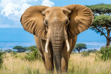 Fototapeta premium Elephant in the African savannah, standing tall and majestic against an open landscape of grasslands and acacia trees under a clear blue sky. 