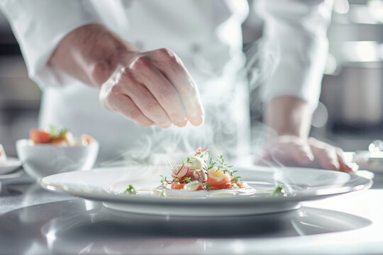 Chef meticulously garnishing a steaming gourmet dish, showcasing culinary skill and fine dining presentation in a professional kitchen
