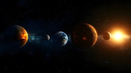 Inner Solar System: A focused view of the inner solar system, featuring Mercury, Venus, Earth, and Mars with the sun illuminating their surfaces. 
