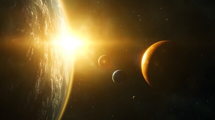 Obraz premium Inner Solar System: A focused view of the inner solar system, featuring Mercury, Venus, Earth, and Mars with the sun illuminating their surfaces. 