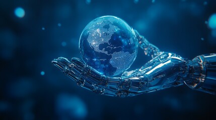 Future technology, robotic arm, a robotic hand holding a globe, overall in a blue tone, minimalist style, minimalist background, deep blue background, clear lines.