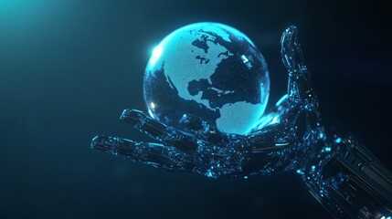 Fototapeta premium Future technology, robotic arm, a robotic hand holding a globe, overall in a blue tone, minimalist style, minimalist background, deep blue background, clear lines.